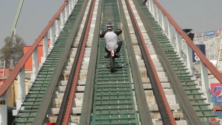 Julien dupont rides motorcycle on one of the world’s most terrifying and yet prestigious wooden roller coaster