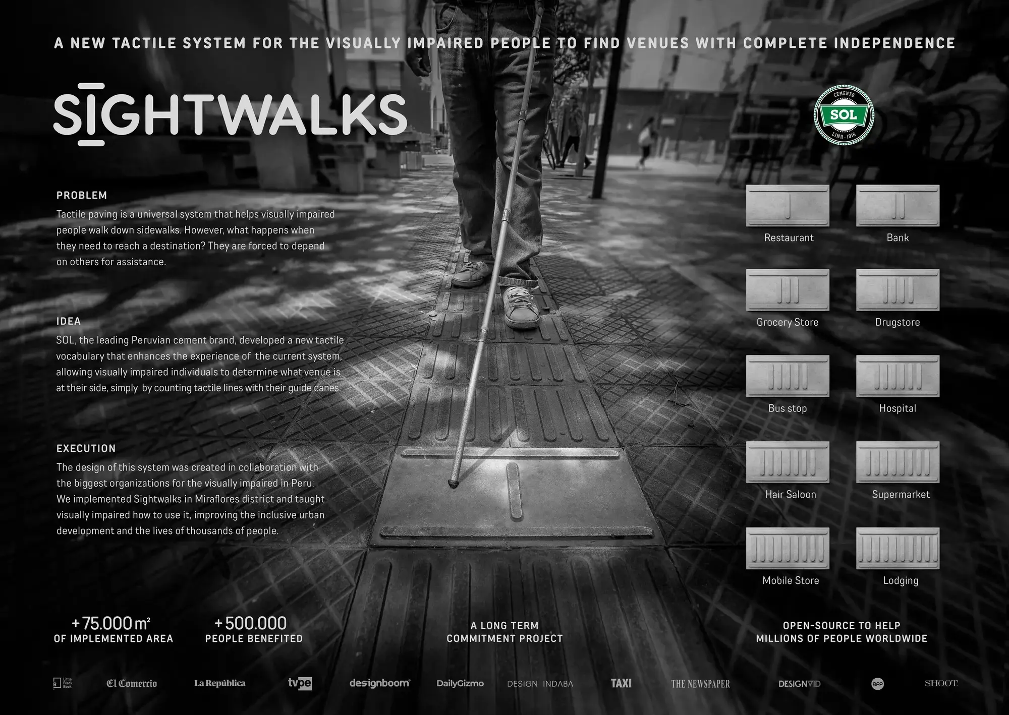 Cemento Sol Sightwalks campaign poster explaining tactile navigation system for visually impaired pedestrians