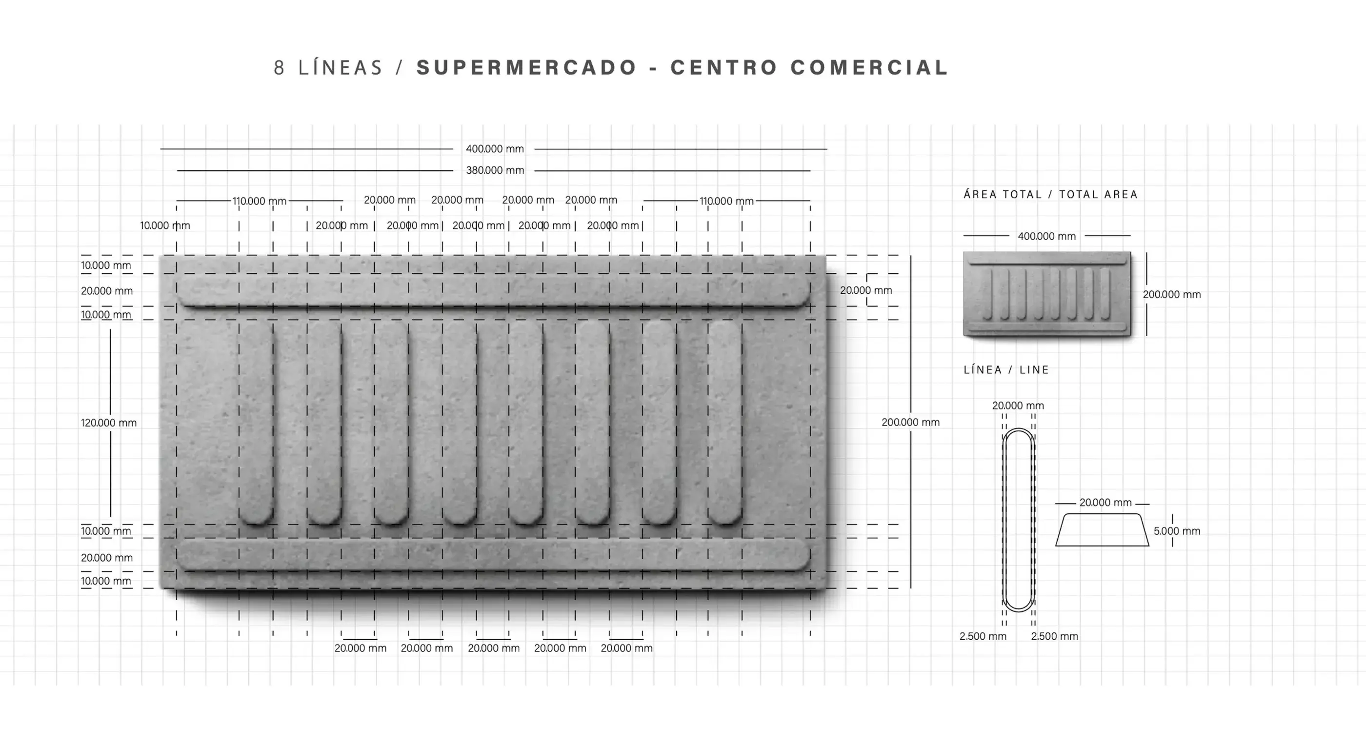 Technical diagram showing dimensions and line structure of Sightwalks tactile paving tile system