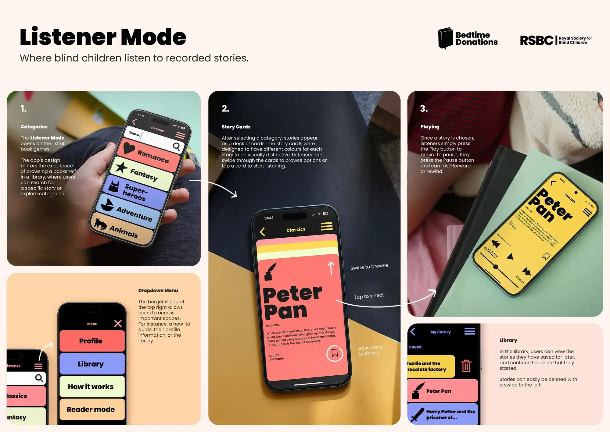 Royal Society for Blind Children campaign Bedtime Donations turns nightly reading into free audiobooks 6 Royal Society for Blind Children Bedtime Donations app Listener Mode interface showing story categories, card browsing, and media player design