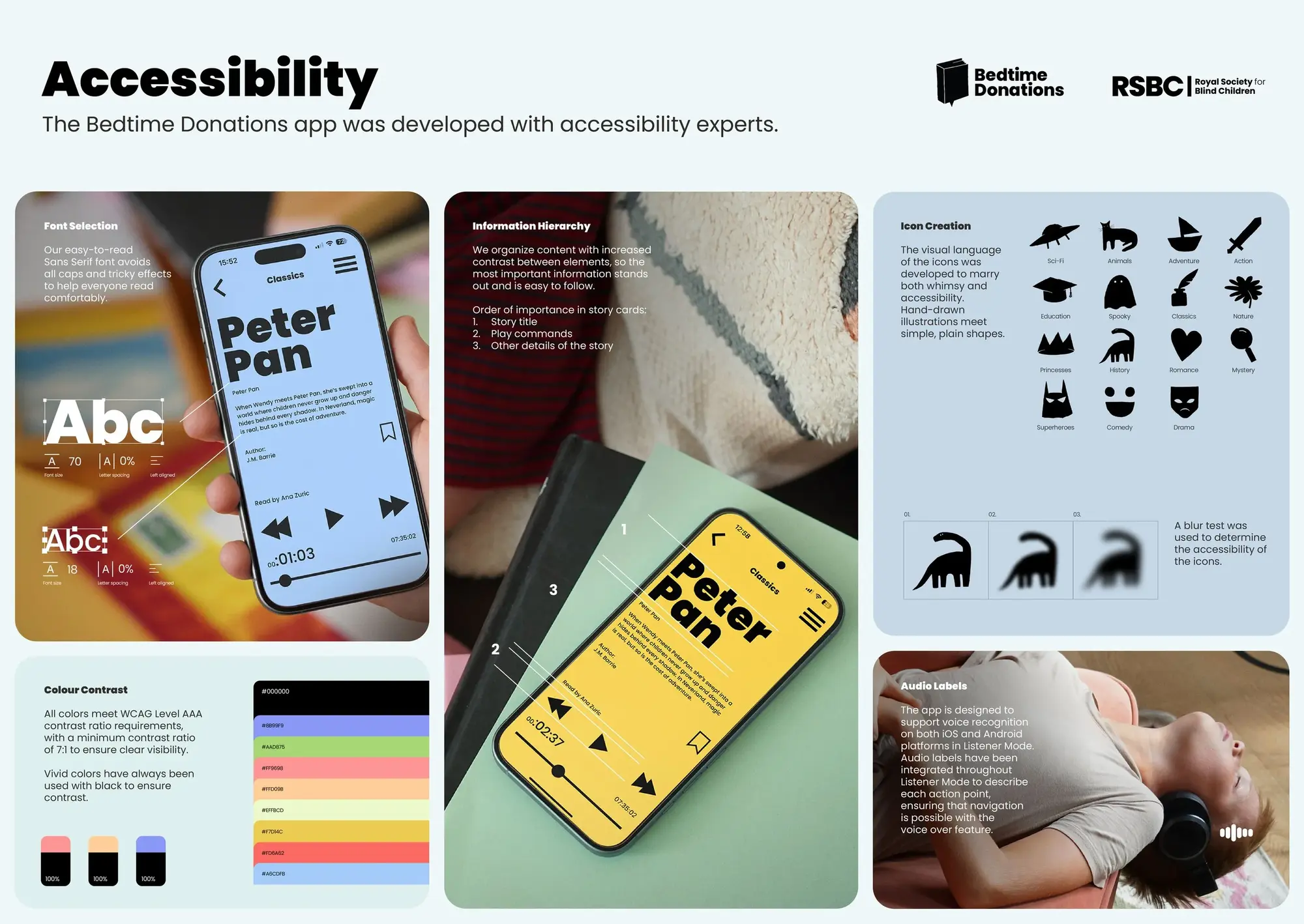 Royal Society for Blind Children campaign Bedtime Donations turns nightly reading into free audiobooks 3 Royal Society for Blind Children Bedtime Donations accessibility layout detailing high contrast ratios, typography choices, and simplified icon design