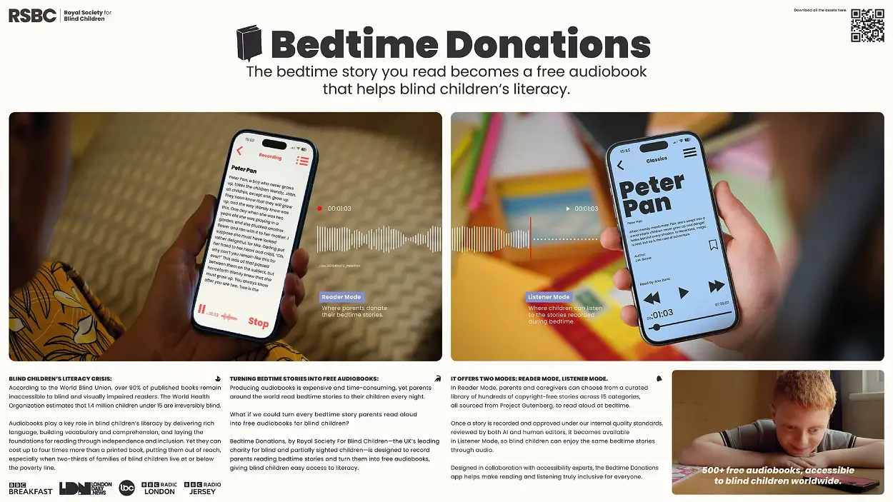 Royal Society for Blind Children campaign Bedtime Donations turns nightly reading into free audiobooks 1 Royal Society for Blind Children Bedtime Donations campaign app interface showing recorded bedtime audiobooks on a smartphone