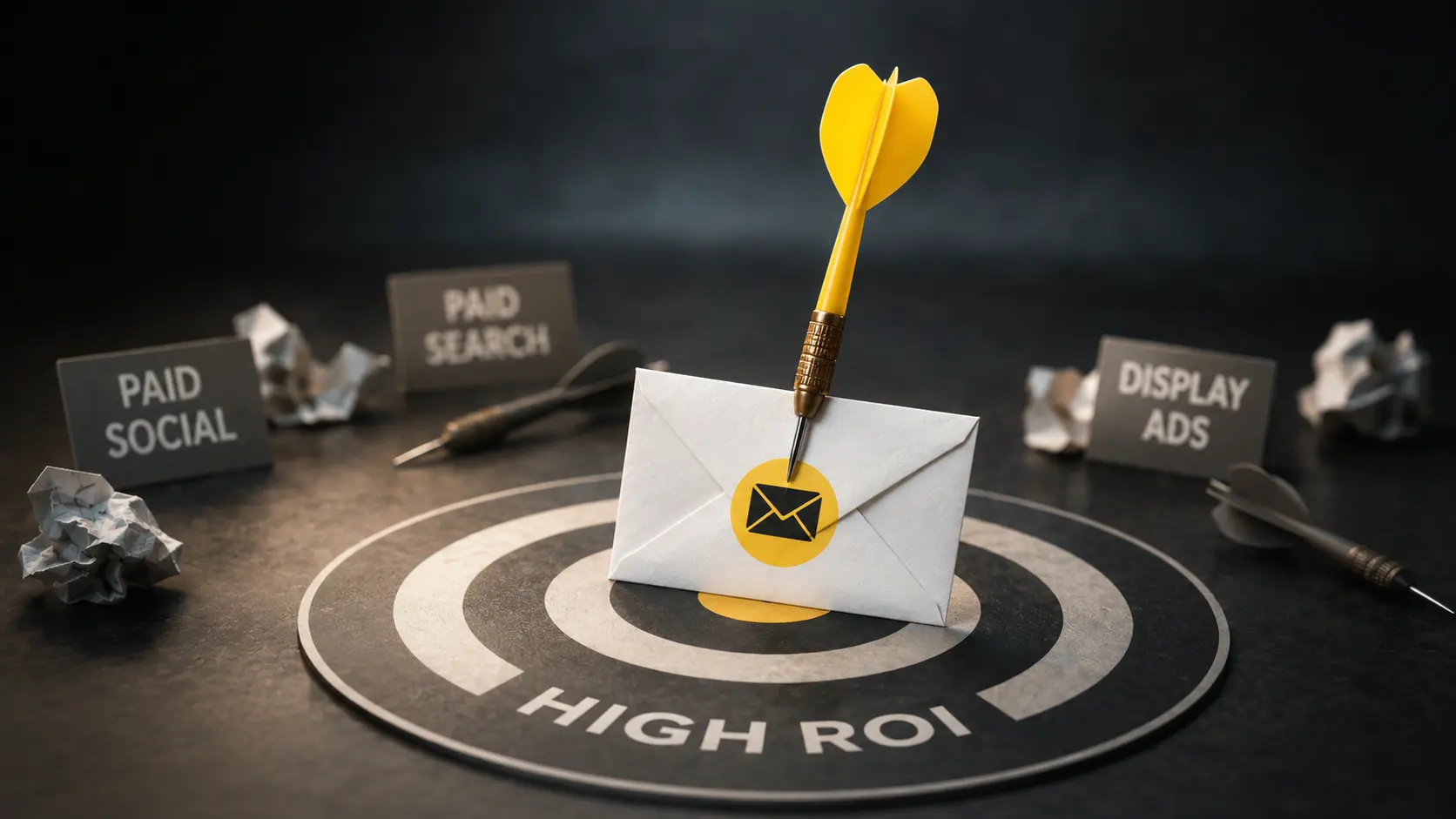 Conceptual illustration of an email campaign hitting its target while paid advertising channels remain in the background