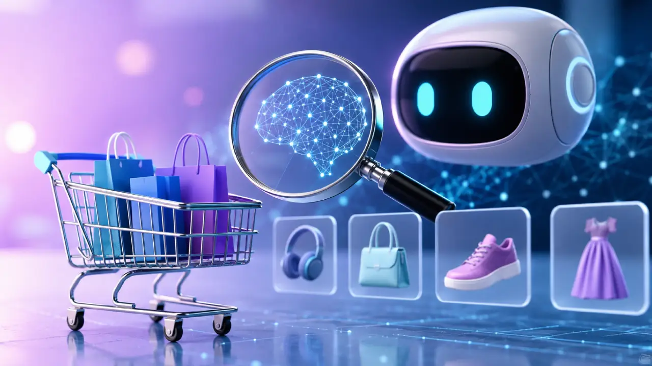 AI-powered shopping search tools for ecommerce brands featuring a digital shopping cart, product search and AI assistant