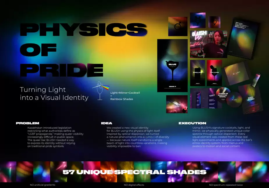 Physics of Pride visual identity created for BLUSH using cocktails, light and optical dispersion