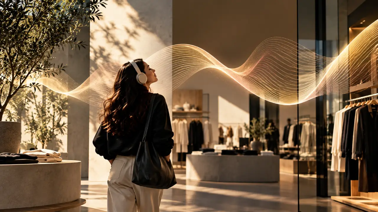 A modern retail store with a shopper wearing headphones and a flowing sound wave representing music as part of brand identity.