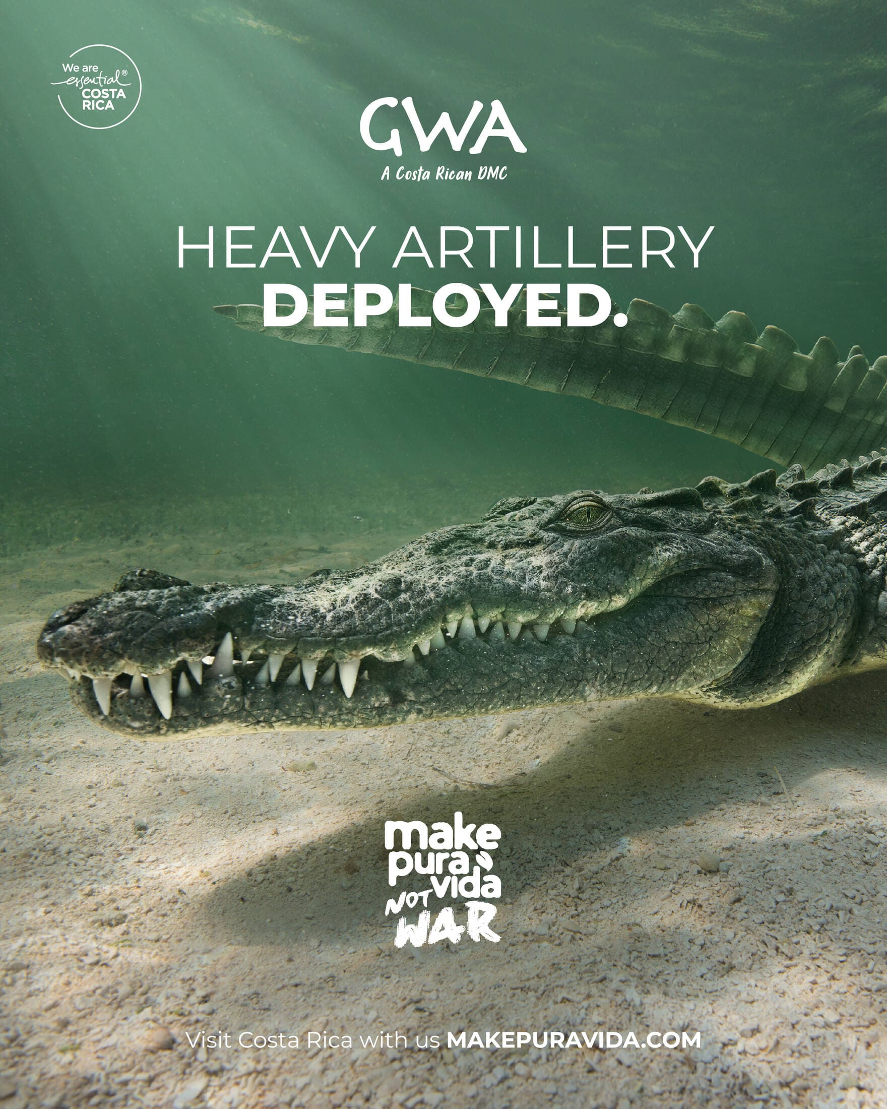 Make Pura Vida. Not War print ad featuring a crocodile as heavy artillery