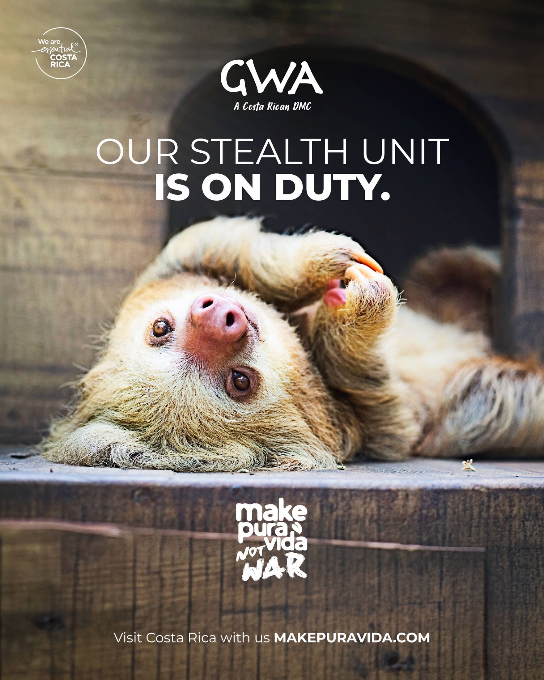 Make Pura Vida. Not War print ad featuring a sloth as a Costa Rican stealth unit