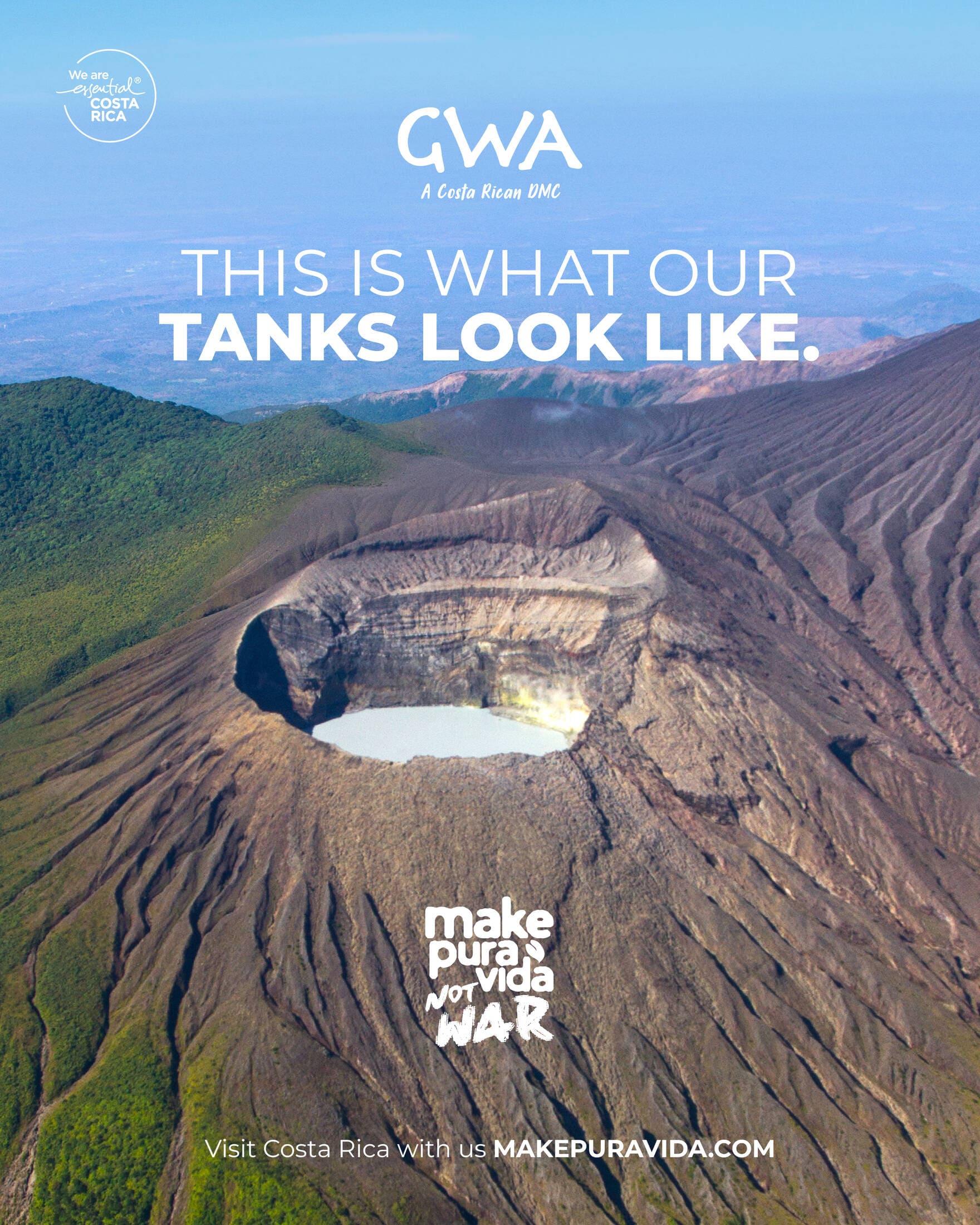 Make Pura Vida. Not War print ad featuring a Costa Rican volcano as a tank