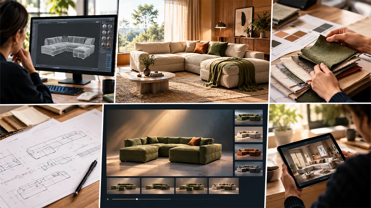 CGI sofa visualization showing a 3D furniture model, fabric samples, design drawings and finished interior renders
