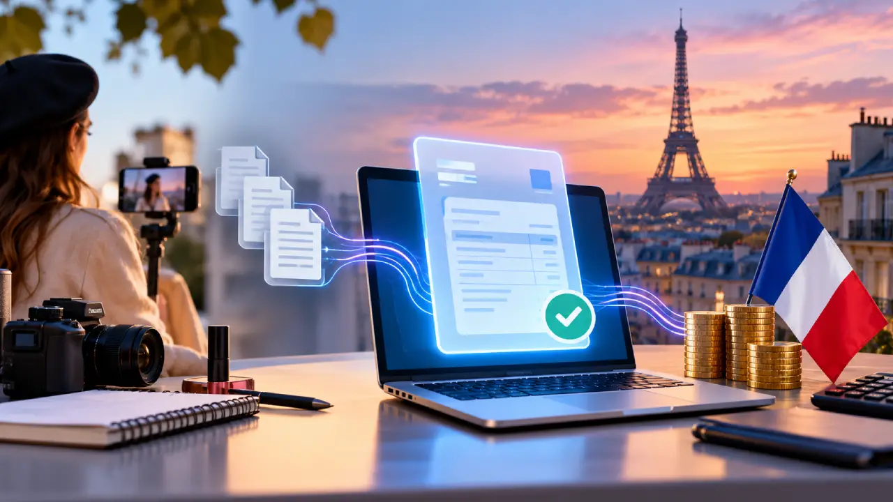 Digital invoicing and creator payments in France, with a laptop displaying an electronic invoice in Paris.